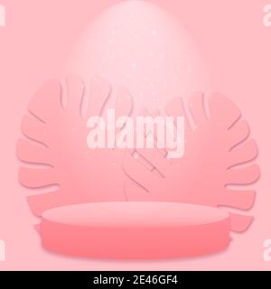 Stage podium decorated with paper cut monstera on a pink background. Abstract 3d composition. Pedestal scene with for product, advertising, show, awar Stock Vector