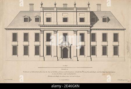 Print made by Henry Hulsberg, died 1729, Netherlandish, active in London, Cobham Hall, Kent: The Elevation of Cobham Hall in Kent, ca. 1790. Etching and graphite on slightly textured, moderately thick, cream laid paper.   architectural subject , elevation (building division) , house. Cobham , Cobham Hall , England , Europe , Kent , United Kingdom Stock Photo