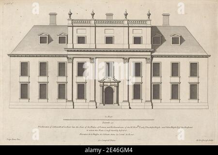 Print made by Henry Hulsberg, died 1729, Netherlandish, active in London, Cobham Hall, Kent: The Elevation of Cobham Hall in Kent, ca. 1790. Etching and graphite on slightly textured, medium, cream laid paper.   architectural subject , elevation (building division) , house , pilasters. Cobham , Cobham Hall , England , Europe , Kent , United Kingdom Stock Photo