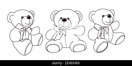 Vector hand-drawn illustration of a cute teddy bear in different poses. Gift toy for Valentines day, birthday, Christmas, holiday. Doodle. Stock Vector