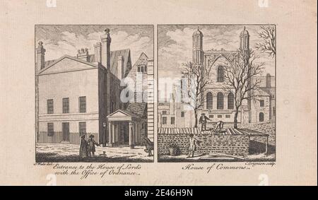 Print made by Charles Grignion, 1717â€“1810, British, House of Commons and the Entrance to the House of Lords with the Office of Ordnance, undated. Engraving with graphite on slightly textured, medium thickness, white laid paper.   architectural subject , church , exterior view. City of Westminster , England , House of Commons , House of Lords , London , Palace of Westminster , St. Stephen's Chapel, Palace of Westminster , United Kingdom Stock Photo