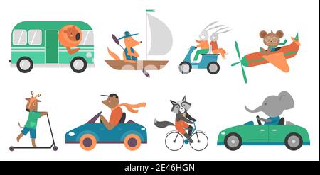 Cute animals in speed transport vector illustration set. Cartoon funny fluffy zoo animalistic characters travel in ship boat car bus airplane, have fun in adventure transportation isolated on white Stock Vector
