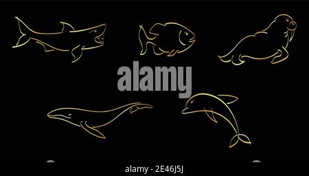 Golden outline set of shark, fish, piranha, walrus, whale, dolphin Stock Vector