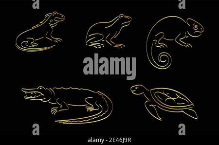 Golden outline set of crocodile, turtle, chameleon, lizard, frog Stock Vector