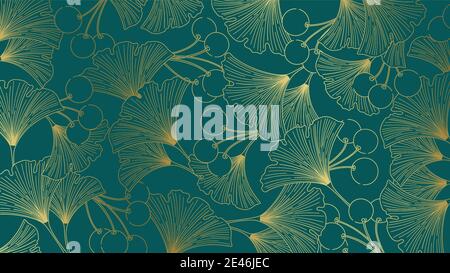 Luxury elegant lineart emerald green background with golden ginko leaves,berries Stock Vector