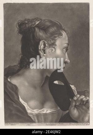 Print made by Johann Lorenz Haid, 1702â€“1750, German, Portrait of a Woman with Mask, 1750s. Mezzotint on medium, slightly textured, cream laid paper. Stock Photo