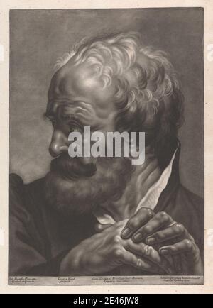 Print made by Johann Lorenz Haid, 1702â€“1750, German, Portrait of a Man, early 1750s. Mezzotint on moderately thick, slightly textured, beige wove paper.   beard , collar , genre subject , gesturing , light , man , moustache , old , profile , sleeve , solemn Stock Photo