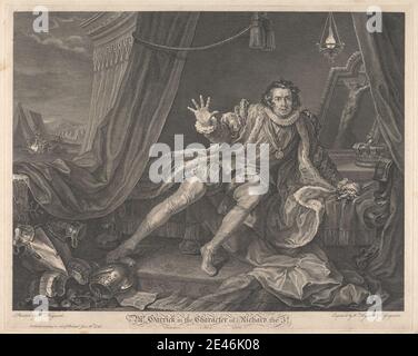 William Hogarth, 1697â€“1764, British, Mr. Garrick in the Character of Richard the Third - Richard III, Act V, Scene VII, 1746. Engraving.   armor , crucifix , dagger , fear , literary theme , military camp , Richard III, play by William Shakespeare , tents. Shakespeare, William (1564â€“1616), playwright and poet Garrick, David (1717â€“1779), actor and playwright