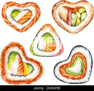 Watercolor hand drawn set of rolls in the shape of a heart isolated on white background. Japanese heart shaped food for Valentines day Stock Vector