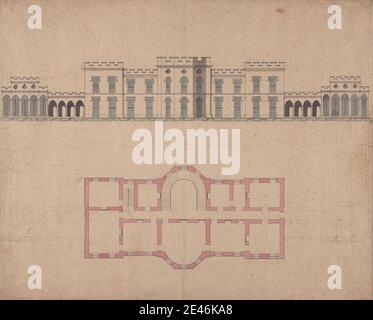 unknown artist, Design for Clifton Castle, Yorkshire: Plan and Elevation in the Romanesque Style, ca. 1780-1790. Pen and black ink, watercolor, graphite on rough, moderately thick, beige wove paper.   architectural subject Stock Photo