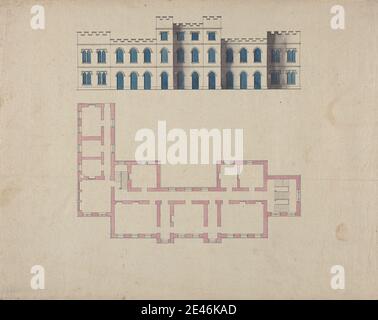 unknown artist, Design for Clifton Castle, Yorkshire: Plan and Elevation in the Gothic Style, ca. 1780-1790. Graphite, pen and black ink, watercolor on textured, thin, beige laid paper.   architectural subject Stock Photo