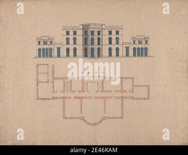 unknown artist, Design for Clifton Castle, Yorkshire: Plan and Elevation in the Gothic Style, ca. 1780-1790. Graphite, pen and black ink, watercolor on rough, moderately thick, beige wove paper.   architectural subject Stock Photo