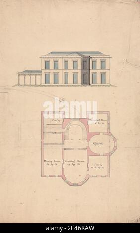 unknown artist, Design for Clifton Castle, Yorkshire: Plan and Elevation in the Classical Style, ca. 1780-1790. Pen and black ink, graphite, watercolor on smooth, moderately thick, cream wove paper.   architectural subject Stock Photo