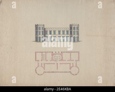 unknown artist, Design for Clifton Castle, Yorkshire: Plan and Elevation in the Gothic Style, ca. 1780-1790. Graphite, pen and black ink, watercolor on textured, thin, beige laid paper.   architectural subject Stock Photo