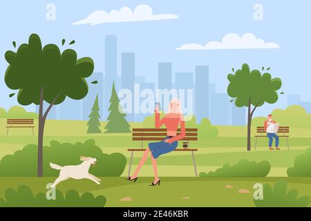 Happy girl sits on bench outdoor vector illustration. Cartoon flat young lonely woman sitting on public city park bench, smiling and holding smartphone in hand, relax in summer nature background Stock Vector
