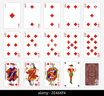 Playing cards of Diamonds suit on a white background. Vector illustration. Original design. Stock Vector