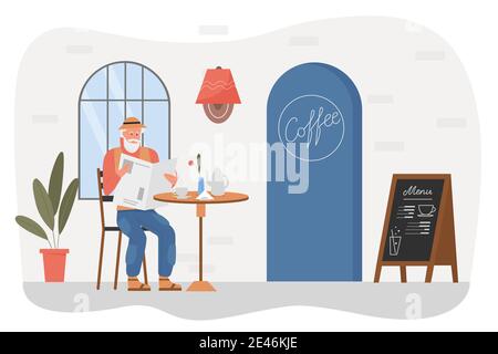 Old man in cafe vector illustration. Cartoon elderly senior male character sitting at outdoor street cafeteria or coffeehouse table, reading newspaper and drinking hot coffee isolated on white Stock Vector
