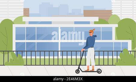 Young rider man with electric scooter on city street vector illustration. Cartoon male hipster character riding eco transport in urban cityscape, millennial lifestyle ecology technology background Stock Vector