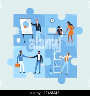 People work in office vector illustration. Cartoon man woman business workers characters working, meeting and communicating inside connected puzzle jigsaw pieces, business communication background Stock Vector