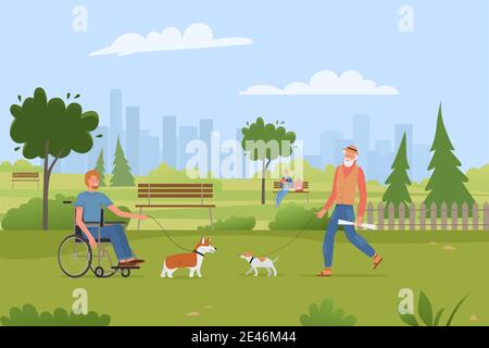 People walk with pets dogs in summer city park vector illustration. Cartoon disabled man in wheelchair and elderly senior character walking with doggy animals, urban park cityscape scene background Stock Vector