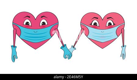 Vector illustration of hearts in masks and gloves. Valentines Day. Stop Covid-19 Stock Vector