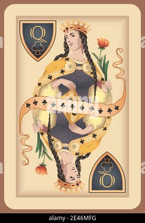 Classic playing card queen club. Stock Vector