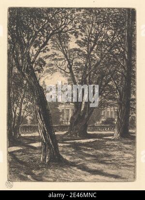 Francis Seymour Haden, 1818â€“1910, British, Kensington Gardens, no. 1 (small plate), 1859. Etching and drypoint, with plate tone on medium, slightly textured, cream antique laid paper.   architectural subject , building , chimneys , cityscape , garden , grass , hedge , house , landscape , lawn , palace , path , shadows , trees , turret , windows. England , Europe , Hyde Park , Kensington , Kensington Gardens , London , United Kingdom Stock Photo