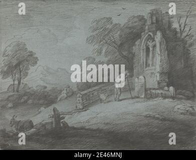 Print made by Thomas Gainsborough RA, 1727â€“1788, British, Wooded Landscape with Peasant Reading Tombstone, Rustic Lovers and Ruined Church, 1779 to 1780. Soft-ground etching in gray ink on moderately thick, moderately textured, blue laid paper.   birds , church , dog (animal) , donkeys , evening , genre subject , graveyard , hills , landscape , lovers , man , meadow , men , old , peasants , post , reading , ruins , tombs , tombstone , valley , woman , woods Stock Photo