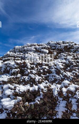 Hard rime ice formed during a freezing fog and wind atop Steens Mountain, Oregon, USA Stock Photo