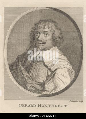 Print made by Thomas Chambars, ca. 1724â€“1789, British, Gerard Honthorst, undated. Etching on moderately thick, smooth, cream wove paper.   beard , buttons , cape , collar , curls , man , moustache , oval , portrait. Honthorst, Gerard van (1590 - 1656), miniature painter Stock Photo