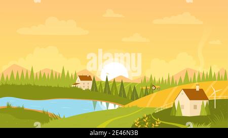 Rural landscape with sunrise vector illustration. Cartoon scenery with farm houses on green grassland hills, path among farmland fields, summer nature and sun over horizon, pastoral scene background Stock Vector