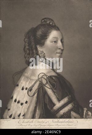 Edward Fisher, 1722–1785, British, Elizabeth, Countess of Northumberland, between 1759 and 1776. Mezzotint on moderately thick, slightly textured, beige laid paper.   baroness , buttons , cape , choker , coronet (crown) , countess , courtier , diarist , earrings , fur coat , gaze , jewelry , mantle , necklace , portrait , posing , ribbons , robe , solemn , tassels , woman. Percy, Elizabeth [née Lady Elizabeth Seymour], duchess of Northumberland and suo jure Baroness Percy (1716–1776), courtier and diarist Stock Photo