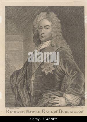 Print made by Thomas Chambars, ca. 1724–1789, British, Richard Boyle, Earl of Burlington, undated. Etching on moderately thick, smooth, beige wove paper.   buttons , cape , cloak , earl , gaze , jacket , man , medal , pin , portrait , posing , sash , star , wig. Boyle, Richard, third earl of Burlington and fourth earl of Cork (1694–1753), architect, collector, and patron of the arts Stock Photo