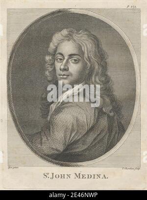 Print made by Thomas Chambars, ca. 1724–1789, British, Sir John Medina, undated. Etching on moderately thick, slightly textured, beige wove paper.   artist , coat , curls , gaze , man , nose , oval , portrait , posing. Medina, Sir John Baptiste de (1659–1710), painter Stock Photo