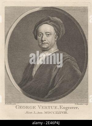 Print made by Thomas Chambars, ca. 1724–1789, British, George Vertue, Engraver, undated. Etching on moderately thick, smooth, beige wove paper.   artist , cap , cravat , engraver (printmaker) , gaze , man , oval , portrait , posing , robes. Vertue, George (1684–1756), engraver and antiquary Stock Photo