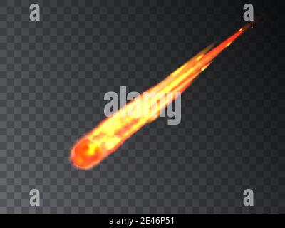 Falling meteor, meteorite. Vector illustration of burning fireball comet, asteroid isolated on transparent background. Falling star rock burning in th Stock Vector