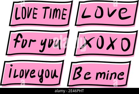 Set of handwritten lettering in ink: Love, xoxo, Love time, For you, i love you, be mine. For Valentine's Day greeting cards Stock Vector