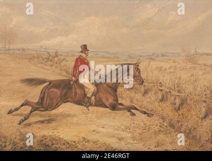 Henry Thomas Alken, 1785–1851, British, Charging an Ox Fence, undated. Watercolor, gouache and graphite on medium, slighlty textured, cream wove paper.   equestrians , fences , galloping , horses (animals) , hunting dogs , sporting art Stock Photo