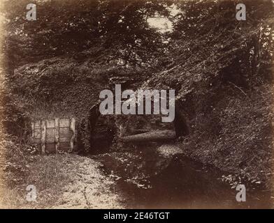 John Golden Short, born ca. 1832, British, Roman Stone Bridge with Gate, 1870s. Albumen print from wet collodion negative on thin, smooth, cream wove paper.   bridge (built work) , gate , landscape , stream Stock Photo