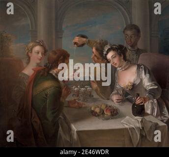 Philippe Mercier, 1689 or 1691–1760, Franco-German, active in Britain (from 1716), The Sense of Taste, 1744 to 1747. Oil on canvas.   arcades , arches , conversation piece , costume , courtship , dinner , drinking , drinking glasses , exoticism , figs , food , fruit , genre subject , ice cream , interior , Italianate , landscape , leisure , loggia , lovers , meal , men , napkin , peaches , pouring , Rococco style , senses , servant , silverware , slave , table , tablecloth , taste (senses) , wine , women