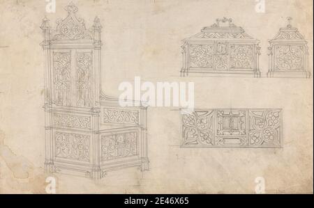 Augustus Welby Northmore Pugin, 1812–1852, British, Design for a Gothic Chair and Box, undated. Graphite on medium, slightly textured, cream laid paper.   architectural subject , box (container) , chairs , designs , Gothic (Medieval) Stock Photo