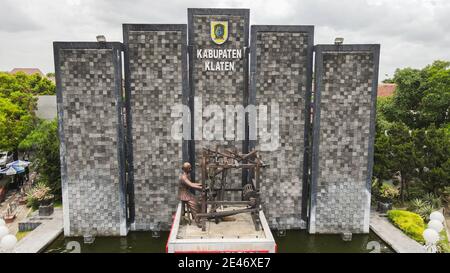 Aerial view of Batik statue in Klaten City with name sign in. Klaten, Indonesia - December 2020. Stock Photo