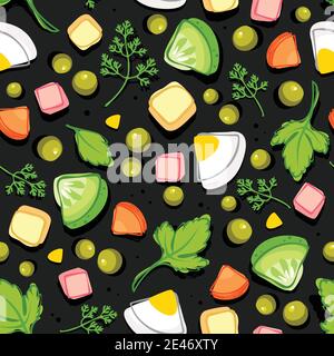 seamless pattern of ingredients of olivier salad, scattered vegetables on a black background, pattern for printing on fabric, wallpaper and paper Stock Vector