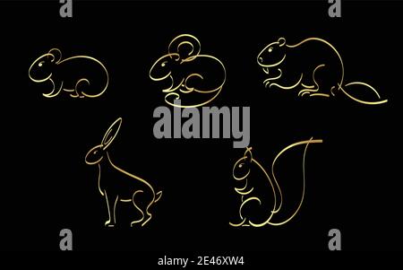 Golden outline set of squirrel, mouse, hamster, hare, rabbit, guinea pig, beaver Stock Vector