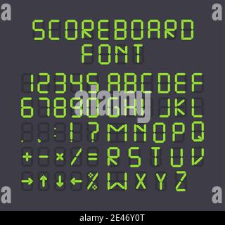Green scoreboard alphabet. Can be used as sport match board, airport timetable, digital terminal font, led indicator clock, timer or display Stock Vector