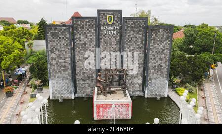 Aerial view of Batik statue in Klaten City with name sign in. Klaten, Indonesia - December 2020. Stock Photo