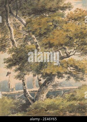 Paul Sandby RA, 1731–1809, British, Trees, with a Man Crossing a Footbridge, undated. Watercolor on thick, slightly textured card.   crossing , footbridge , landscape , man , trees Stock Photo