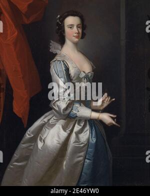 Thomas Hudson, 1701–1779, British, Portrait of a Woman, Probably Elizabeth Aislabie, of Studley Royal, Yorkshire, 1749. Oil on canvas.   bracelet (jewelry) , costume , curtains , gown , jewels , lace , pearls , petticoat , pleats , portrait , ribbon , silk (textile) , woman. Aislabie, Elizabeth (1722?-1780) Stock Photo