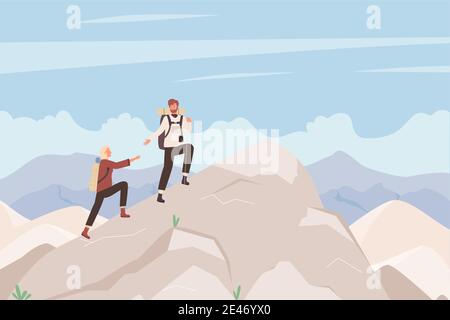 Tourist people climb mountain vector illustration. Cartoon man woman climbers with backpack climbing cliff, hikers characters explore rock mountains, nature sport outdoor expedition scene background Stock Vector