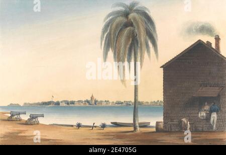 I. H. Gascoigne, active 1830s–1840s, Government House, Belize from Fort St. George, British Honduras, ca. 1830. Watercolor and graphite on medium, slightly textured, cream wove paper.   architectural subject , beach , cannons , house , palm trees. Belize , British Honduras , Fort Saint George Stock Photo